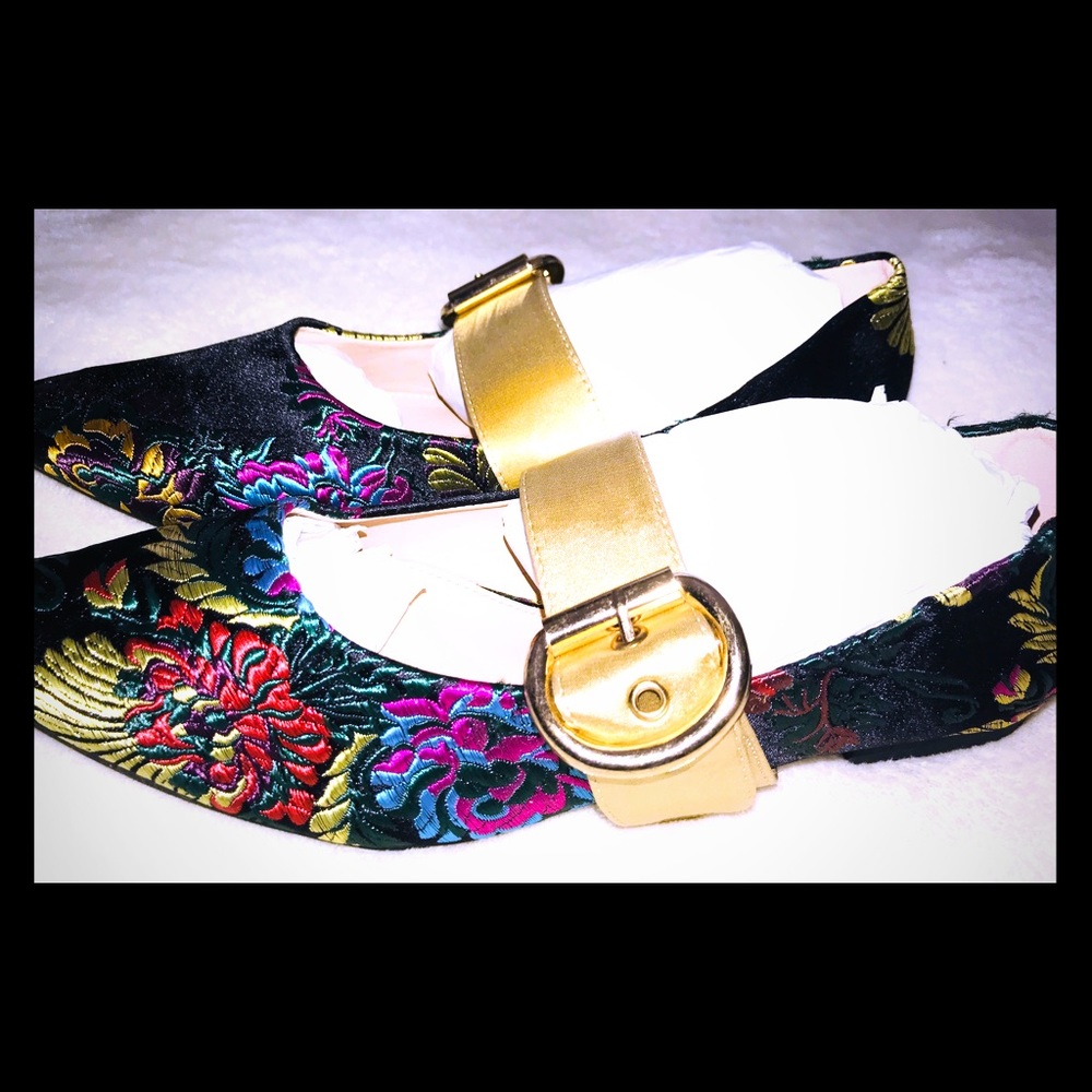 Brand New Blk embroidered pointy toe flats w/gold straps
